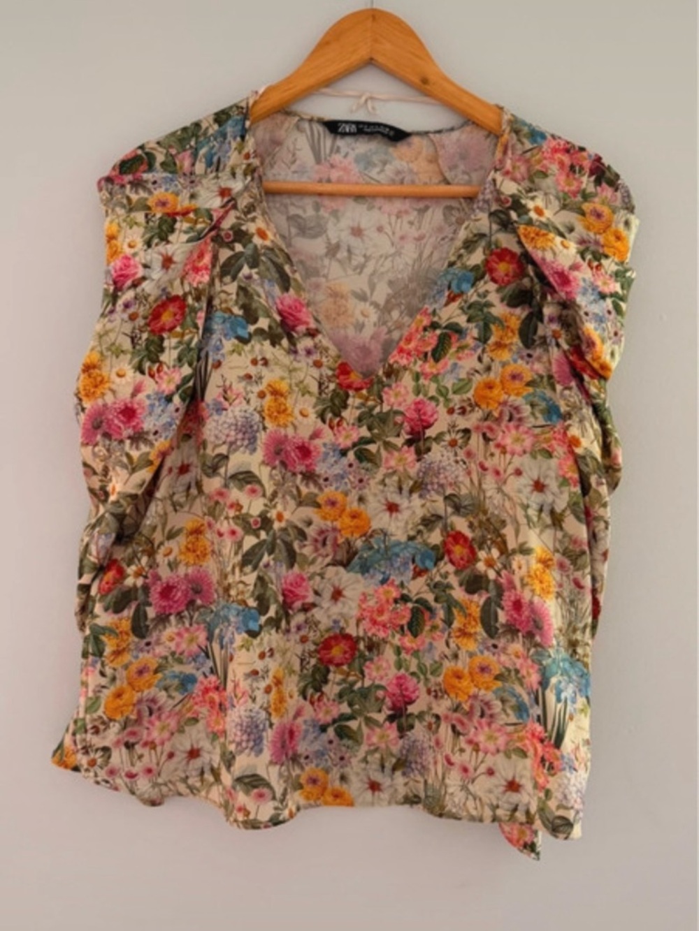 Zara Cream Floral V-Neck Blouse with Pink, Yellow & Blue Flowers